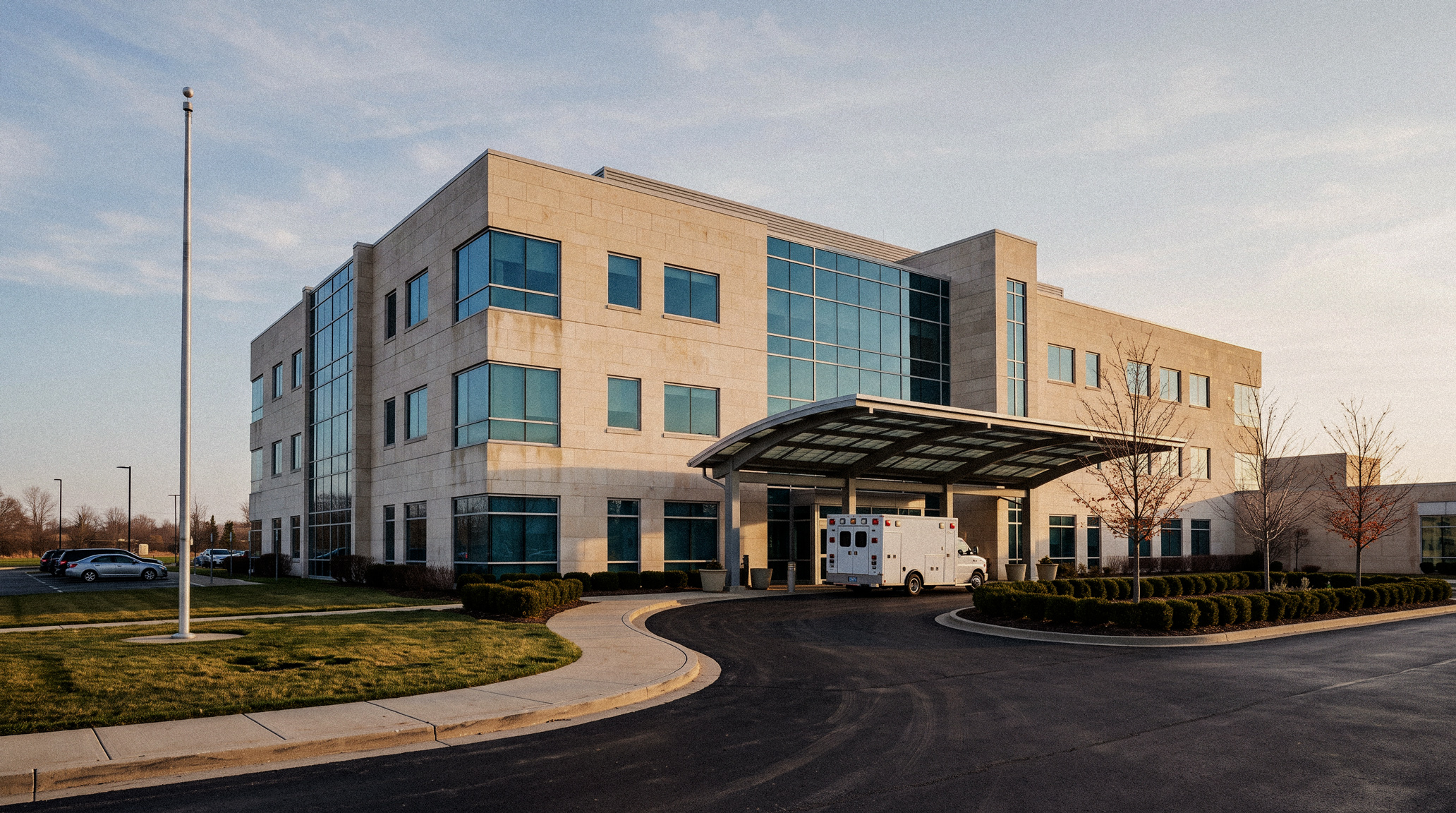 Healthcare facility with ambulance at main entrance