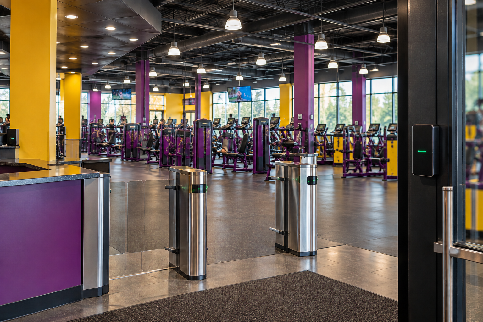 Modern fitness center with electronic access turnstiles and gym equipment